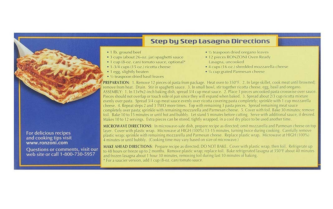 Ronzoni Oven Ready Lasagna, Simple Perfect Pasta   Box  227 grams